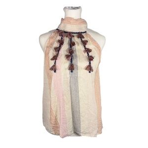THML Anthropologie Boho Tank Top Embroidered Sz L Tassel Halter Gauze Sleeveless